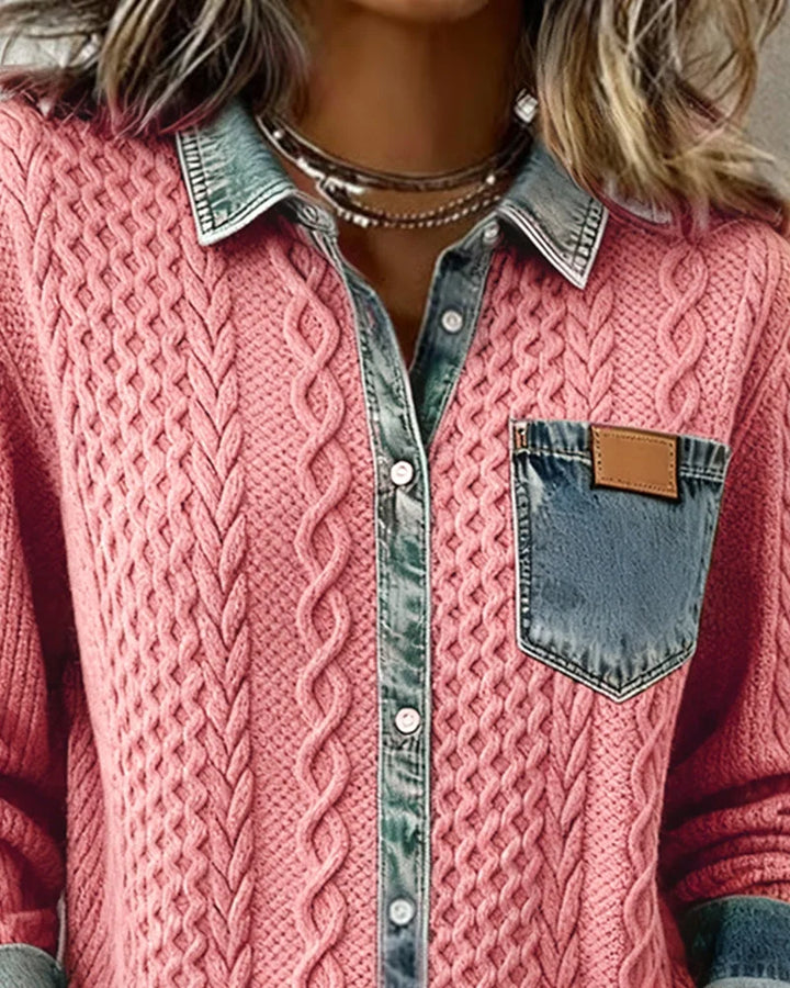 Women's Cable-Knit Long-Sleeve Top with Denim Trim