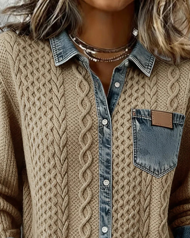 Women's Cable-Knit Long-Sleeve Top with Denim Trim