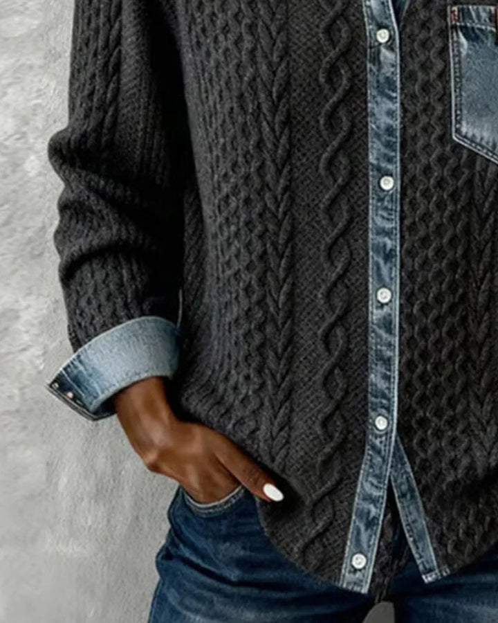 Women's Cable-Knit Long-Sleeve Top with Denim Trim