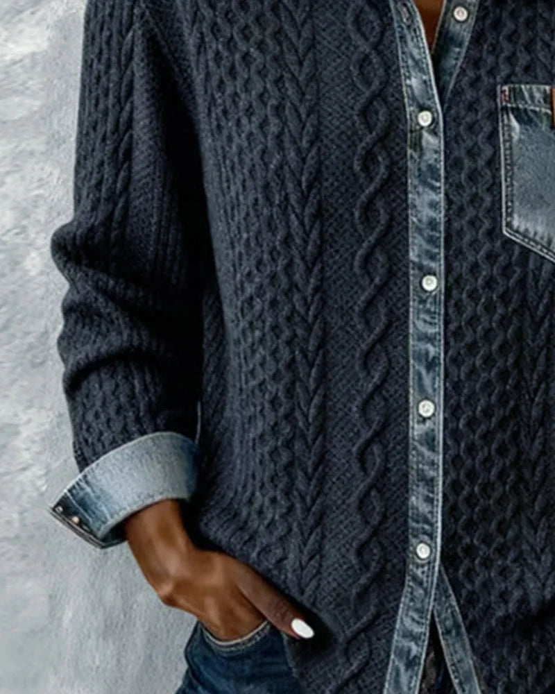 Women's Cable-Knit Long-Sleeve Top with Denim Trim