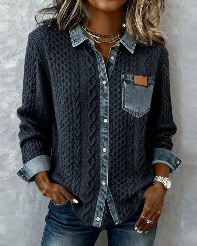 Women's Cable-Knit Long-Sleeve Top with Denim Trim