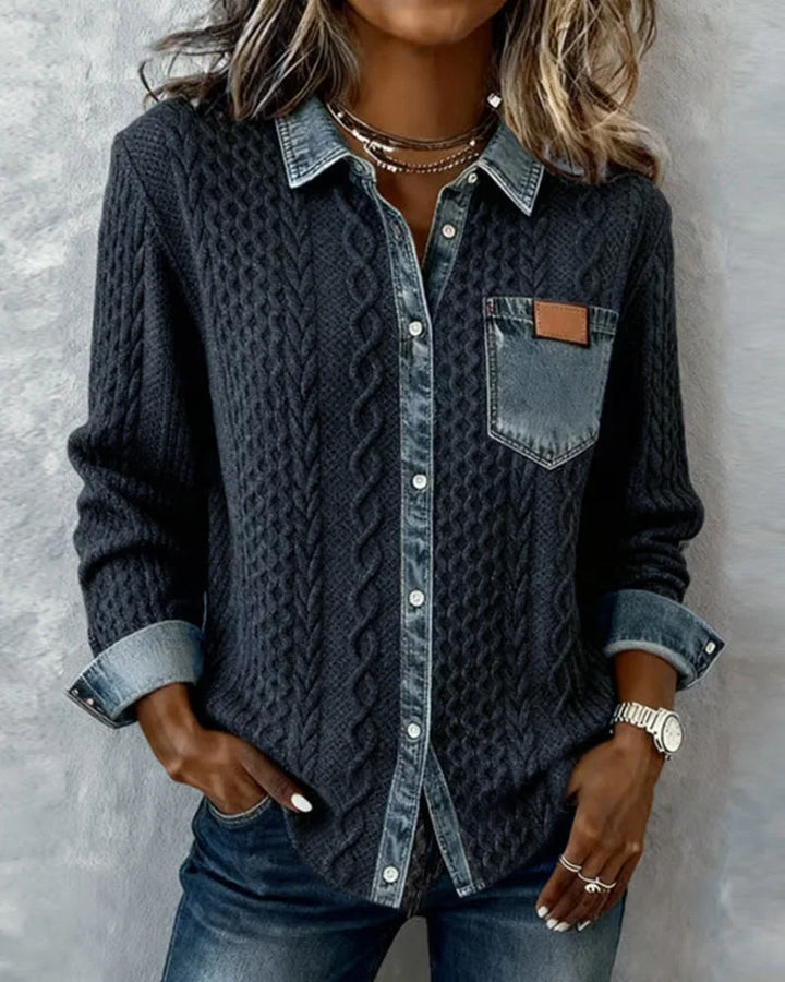 Women's Cable-Knit Long-Sleeve Top with Denim Trim