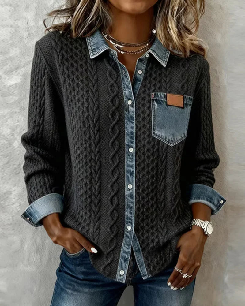 Women's Cable-Knit Long-Sleeve Top with Denim Trim