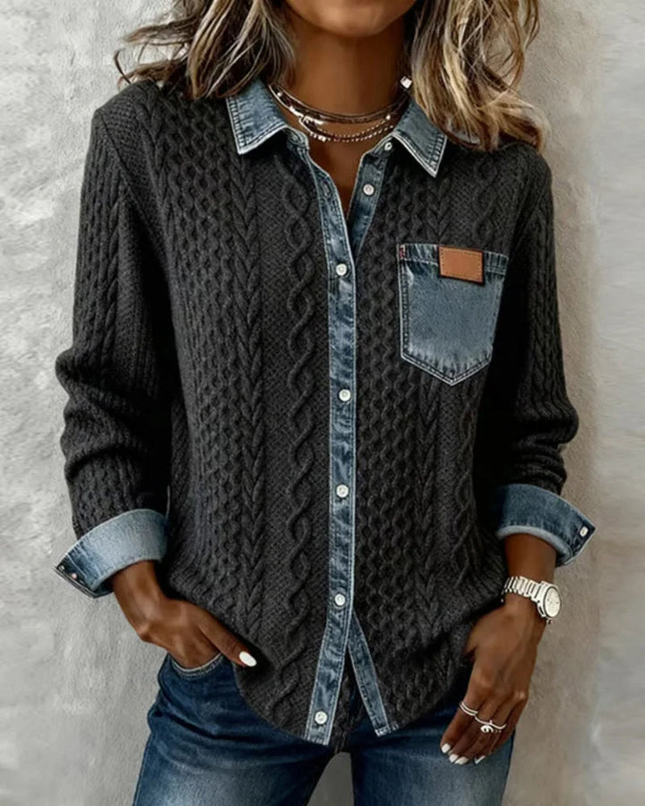 Women's Cable-Knit Long-Sleeve Top with Denim Trim