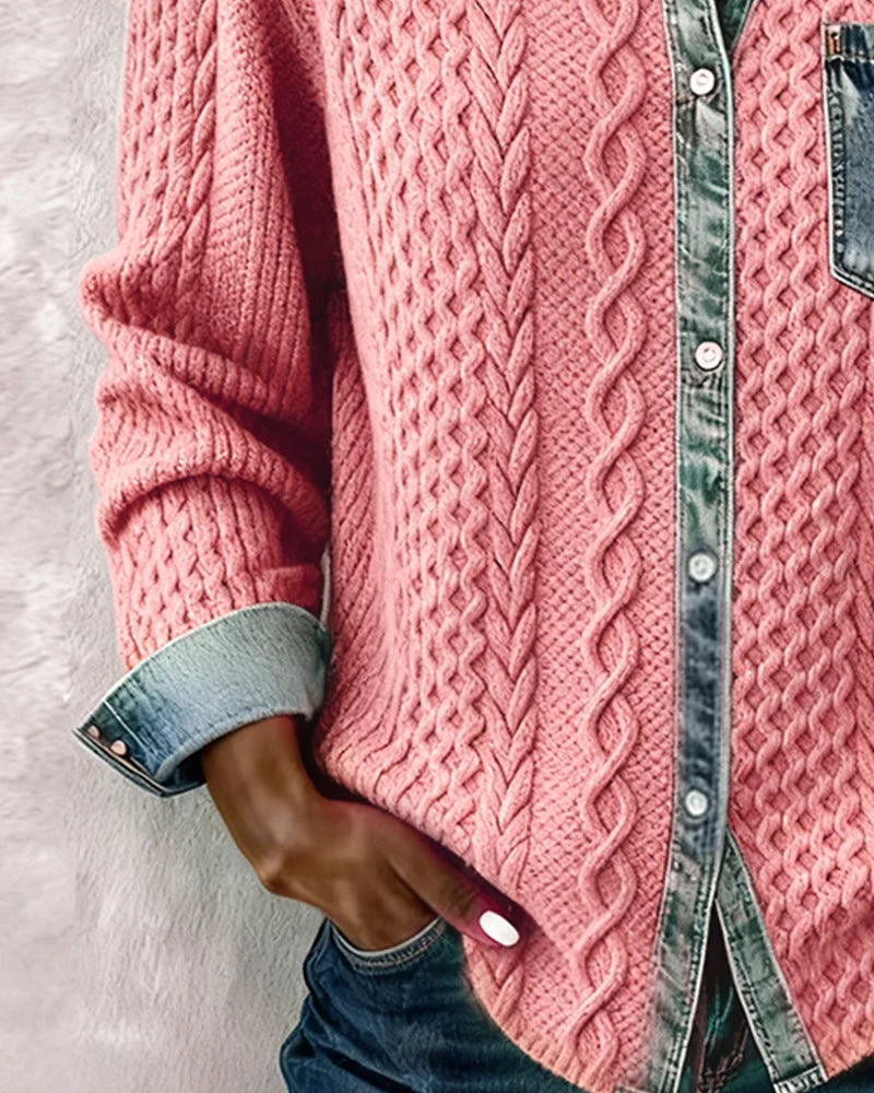 Women's Cable-Knit Long-Sleeve Top with Denim Trim