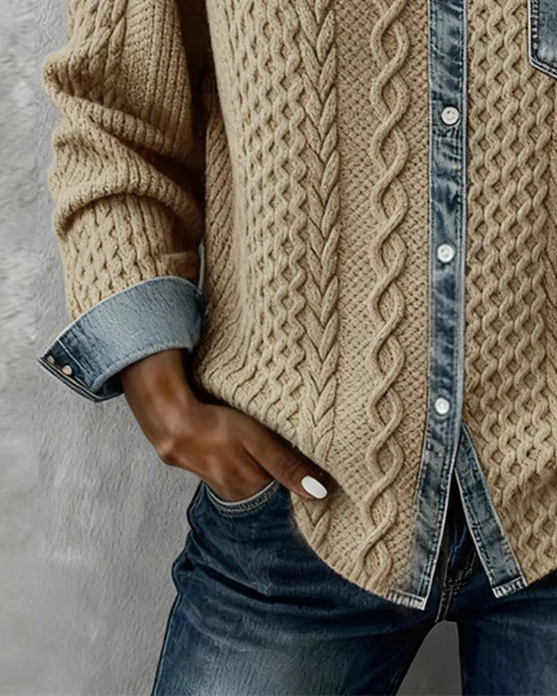 Women's Cable-Knit Long-Sleeve Top with Denim Trim