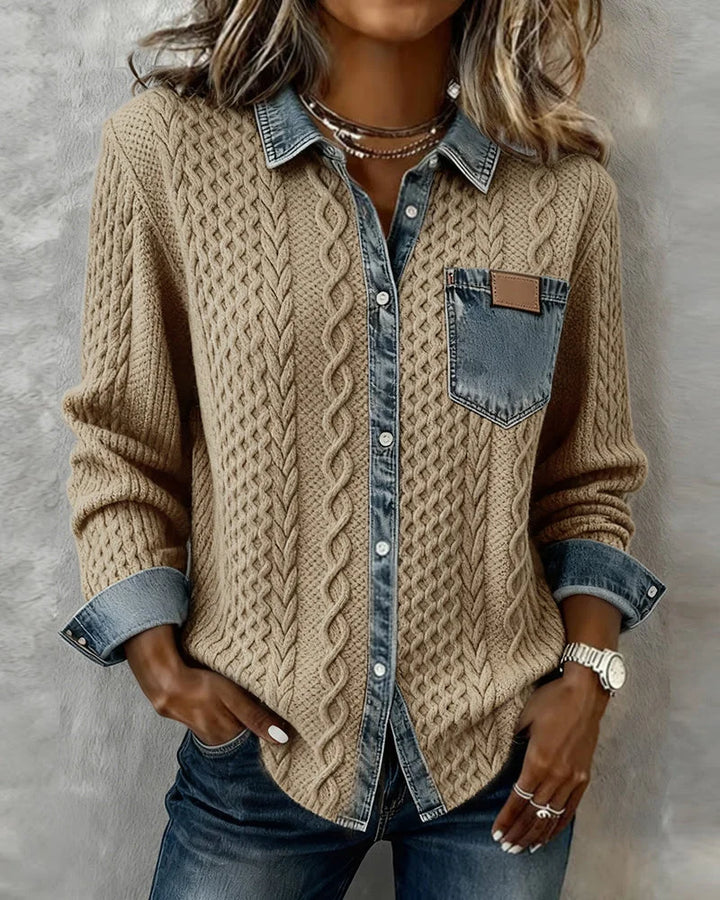 Women's Cable-Knit Long-Sleeve Top with Denim Trim