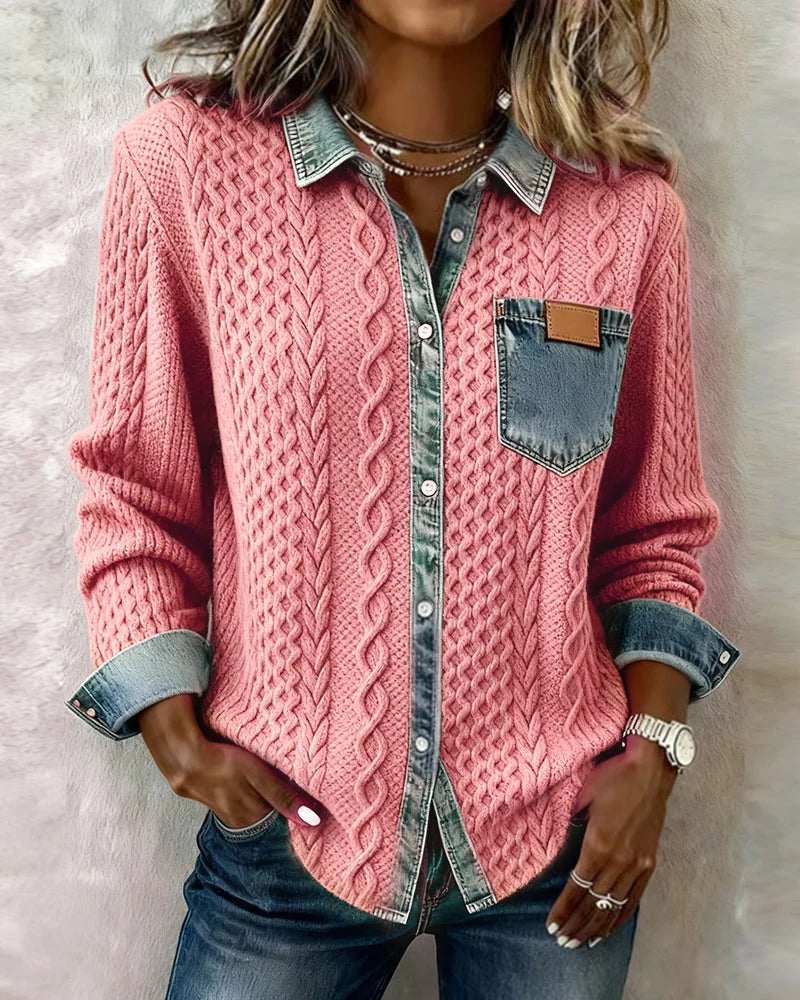 Women's Cable-Knit Long-Sleeve Top with Denim Trim