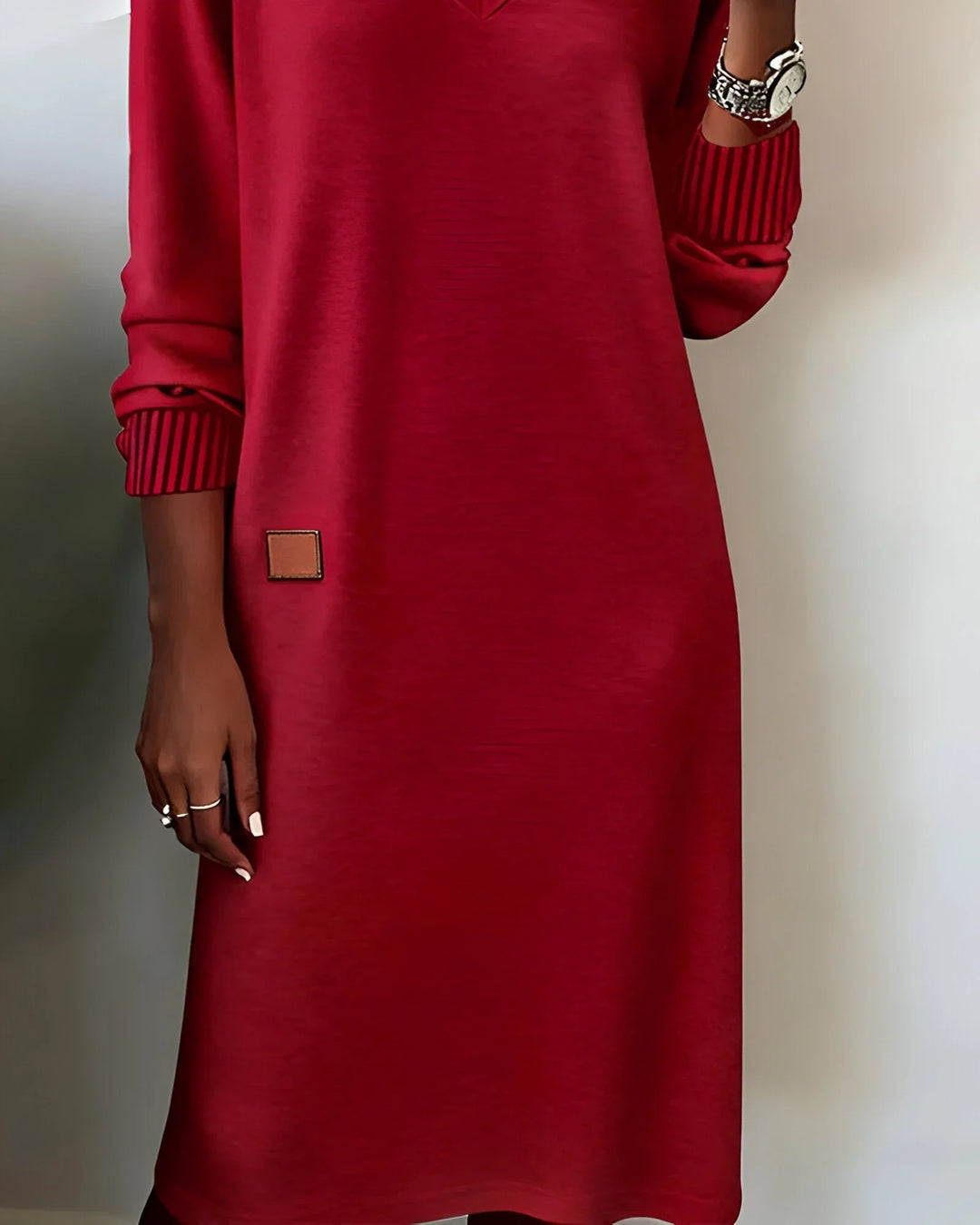 Knit Midi Dress With V-Neck And Patch Detail