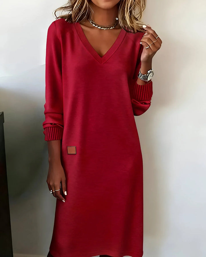 Knit Midi Dress With V-Neck And Patch Detail