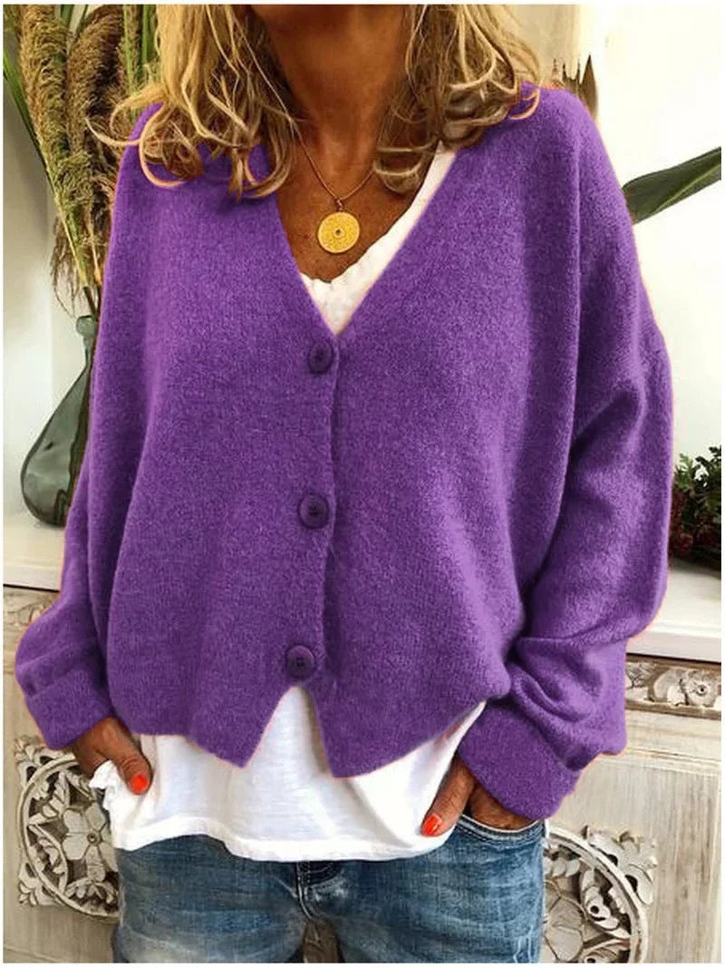 Oversized Knit V-Neck Cardigan with Button Front