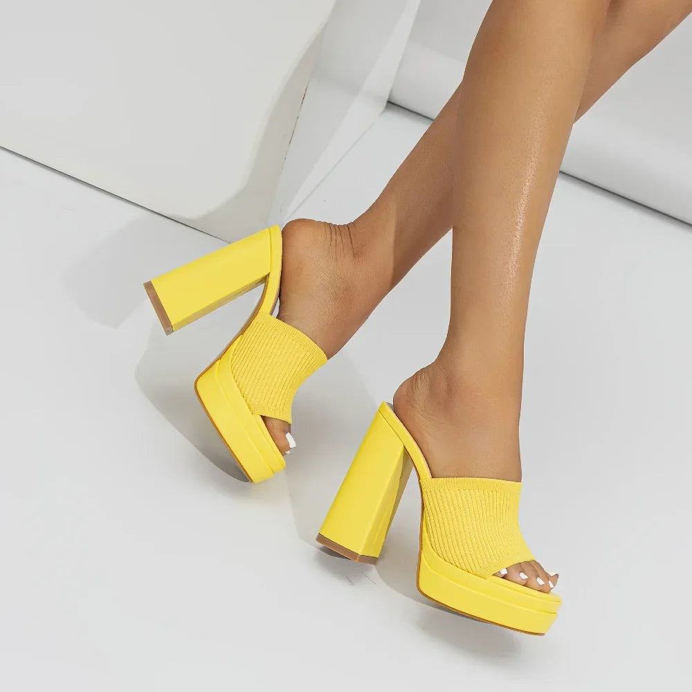 Knit Platform Sandals with Open Toe and Chunky Heel