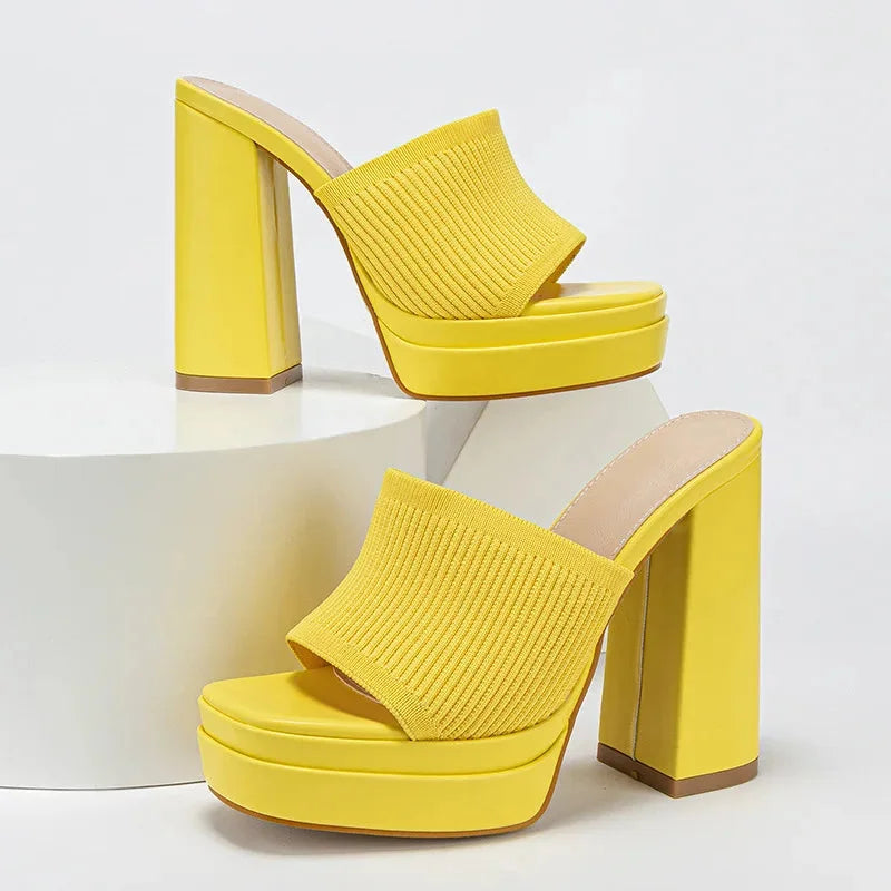 Knit Platform Sandals with Open Toe and Chunky Heel