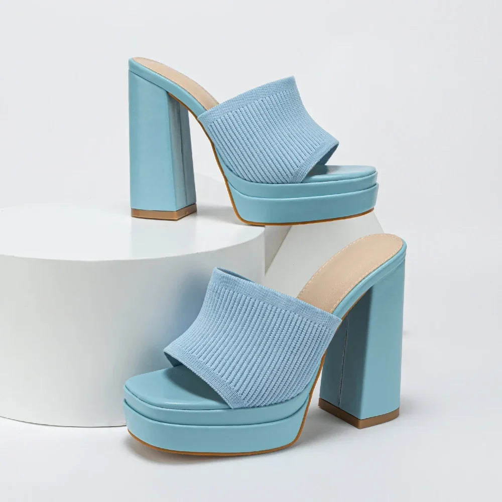 Knit Platform Sandals with Open Toe and Chunky Heel