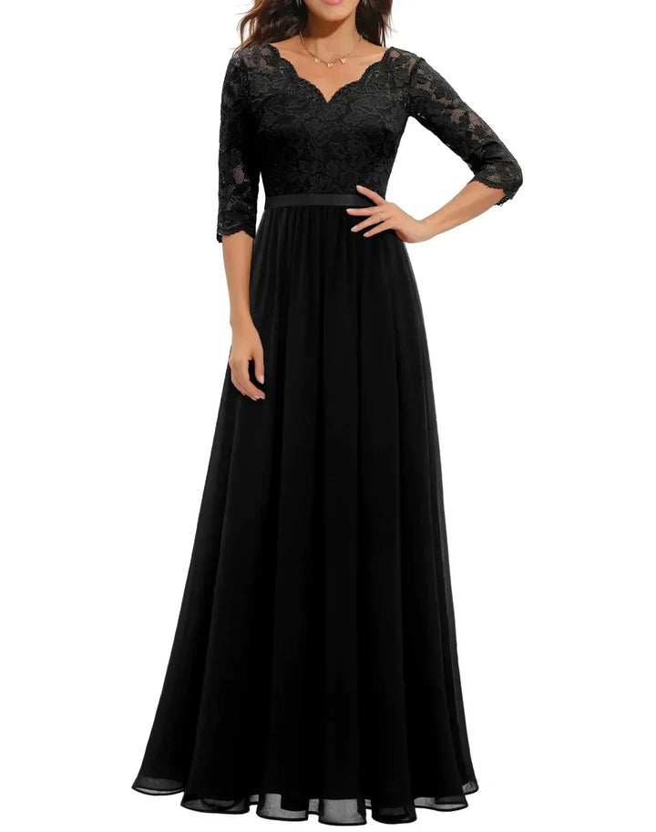 Lace Chiffon Maxi Dress with V-Neck