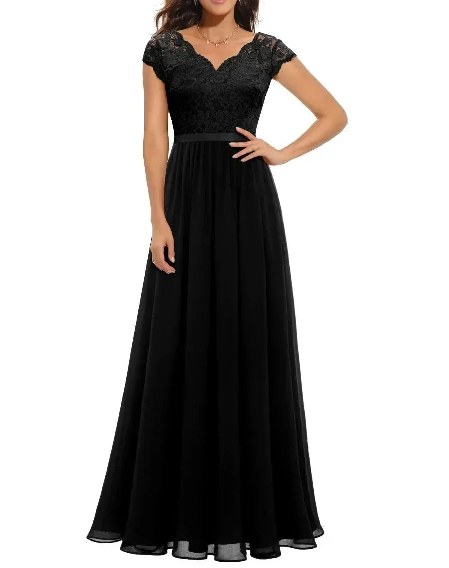 Lace Chiffon Maxi Dress with V-Neck