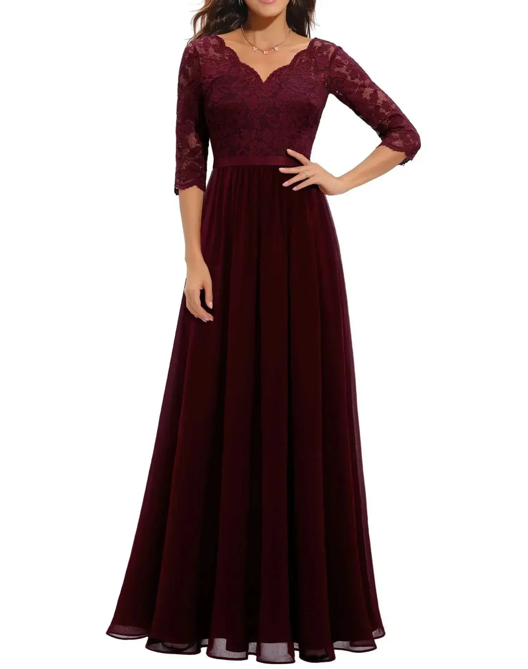Lace Chiffon Maxi Dress with V-Neck
