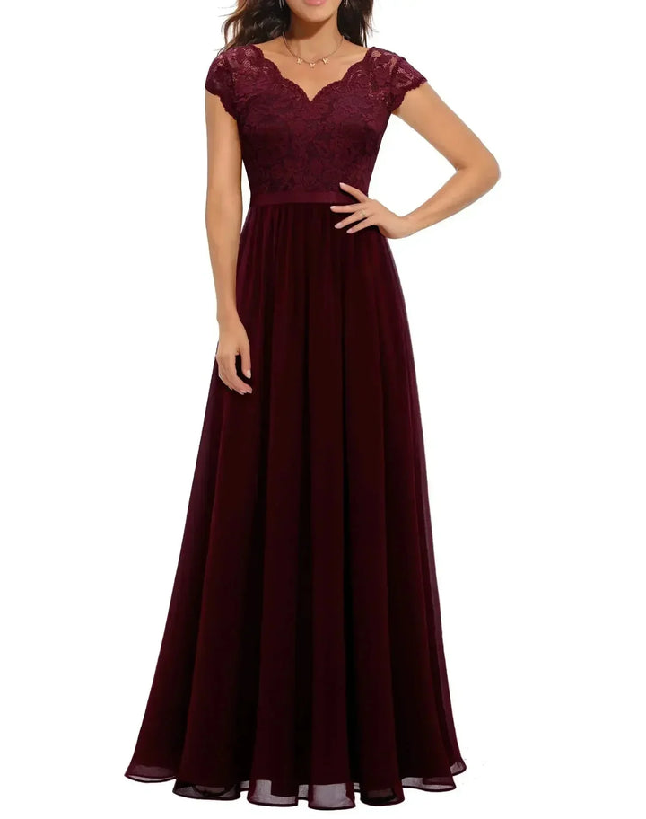 Lace Chiffon Maxi Dress with V-Neck