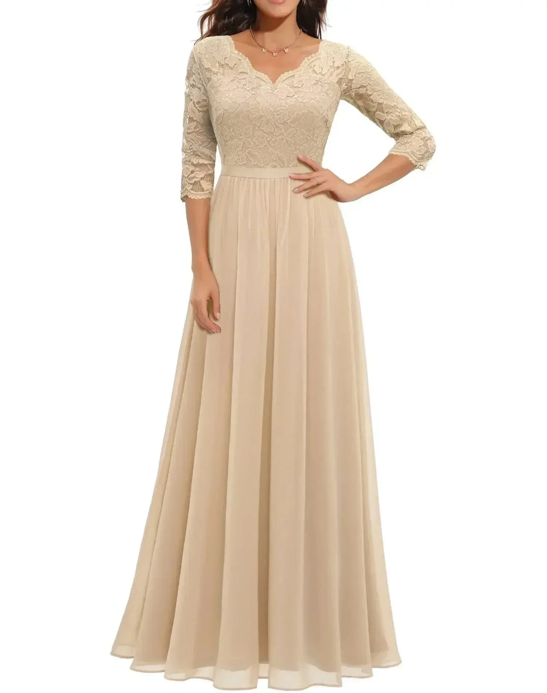 Lace Chiffon Maxi Dress with V-Neck