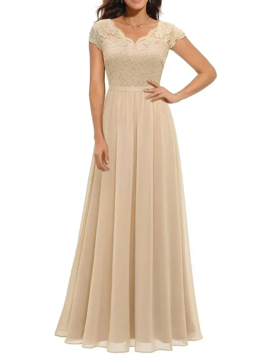 Lace Chiffon Maxi Dress with V-Neck