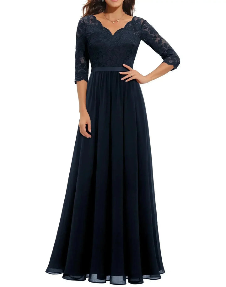 Lace Chiffon Maxi Dress with V-Neck