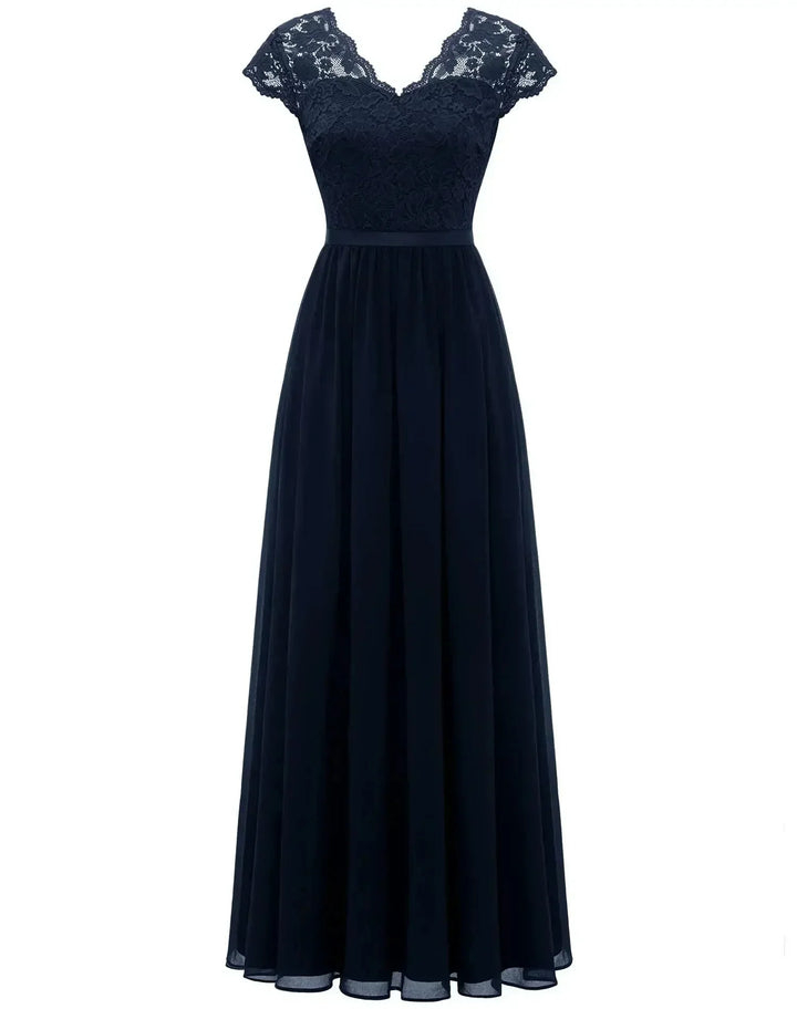 Lace Chiffon Maxi Dress with V-Neck
