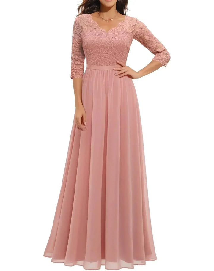 Lace Chiffon Maxi Dress with V-Neck