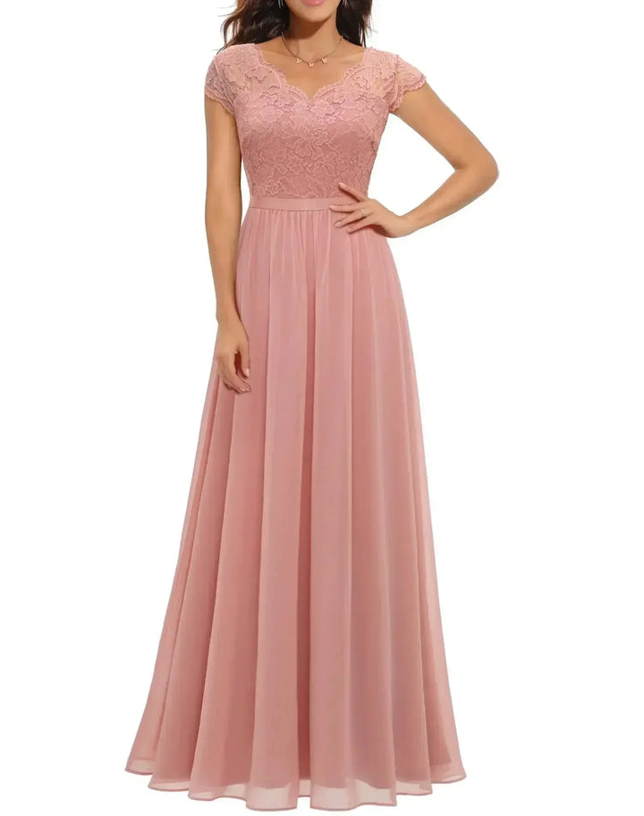 Lace Chiffon Maxi Dress with V-Neck