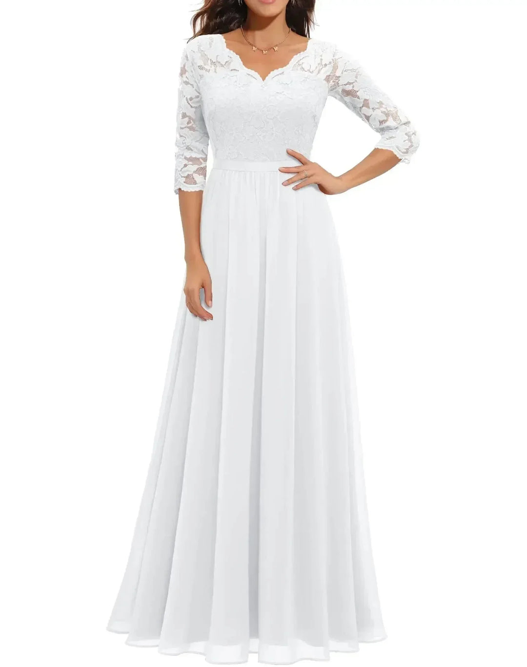 Lace Chiffon Maxi Dress with V-Neck