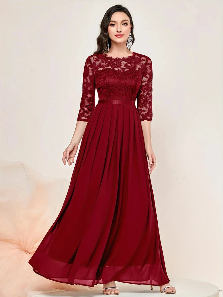 Women's Lace Pleated Maxi Dress with Round Neck