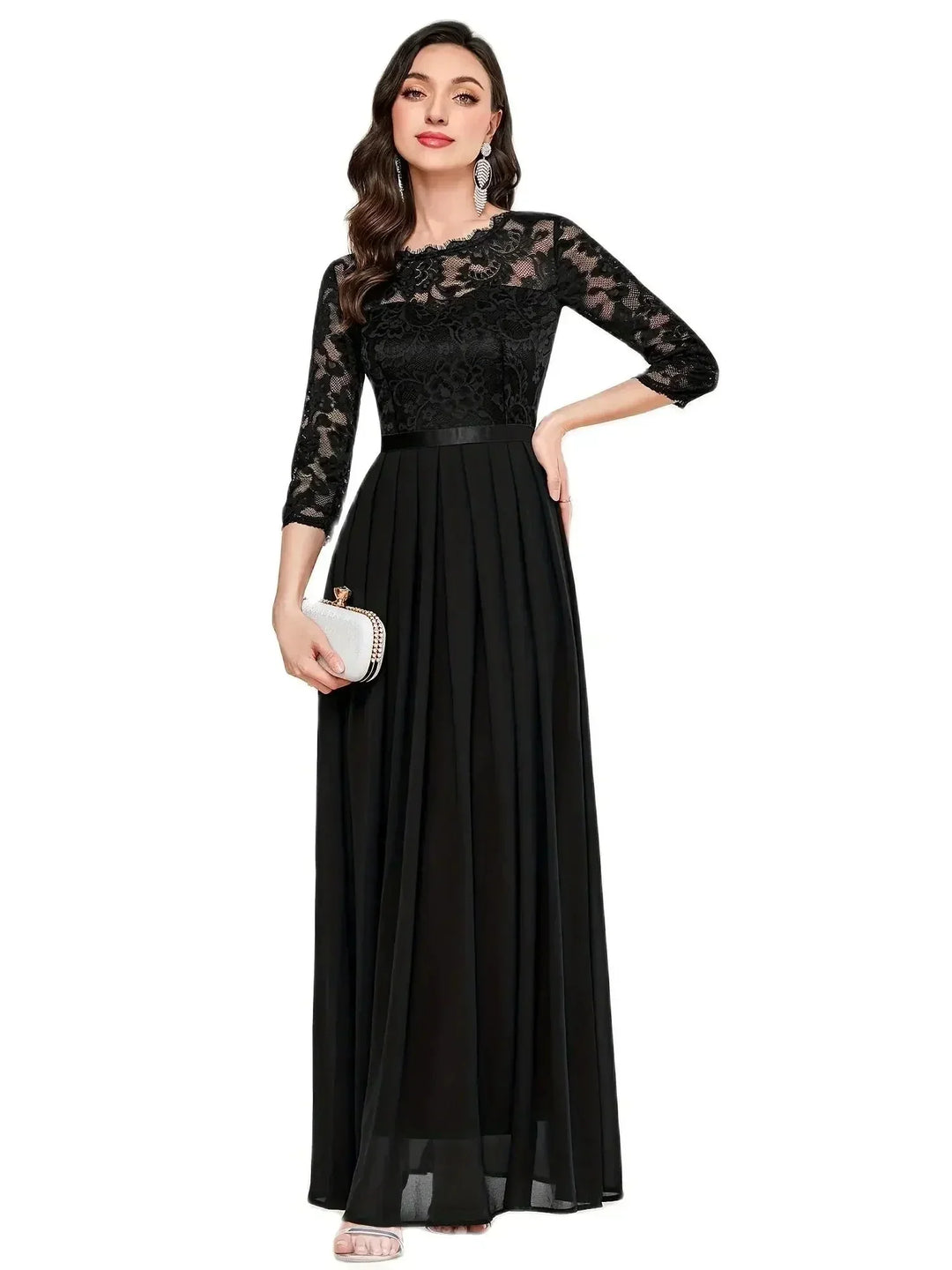 Women's Lace Pleated Maxi Dress with Round Neck