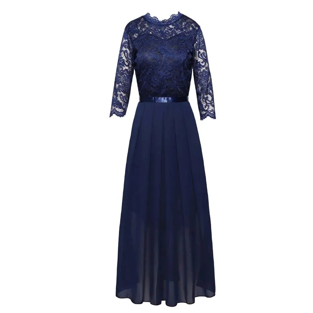 Women's Lace Pleated Maxi Dress with Round Neck