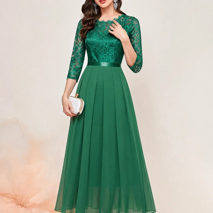 Women's Lace Pleated Maxi Dress with Round Neck