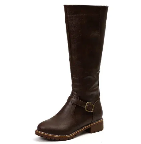 Leather Knee-High Boots with Buckle Strap