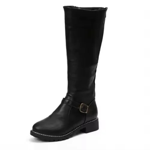Leather Knee-High Boots with Buckle Strap