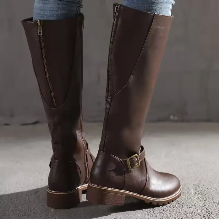 Leather Knee-High Boots with Buckle Strap