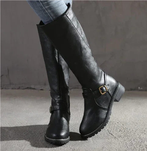 Leather Knee-High Boots with Buckle Strap