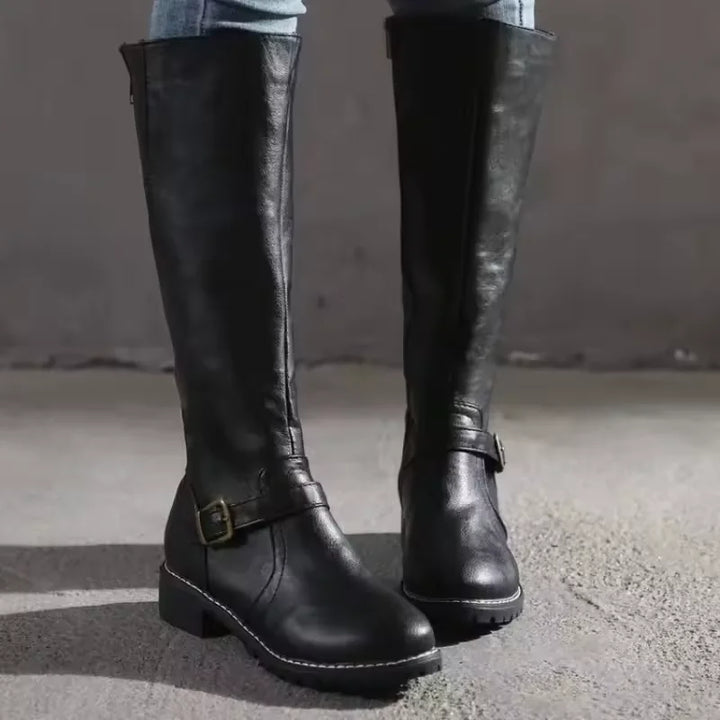Leather Knee-High Boots with Buckle Strap