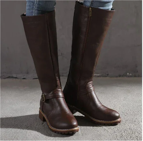 Leather Knee-High Boots with Buckle Strap