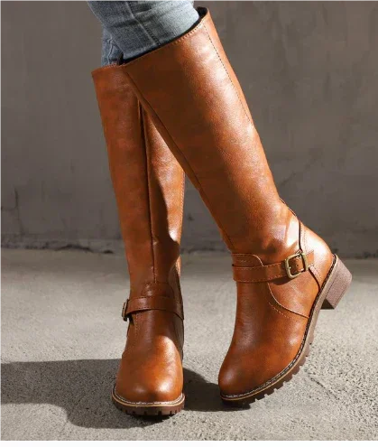 Leather Knee-High Boots with Buckle Strap