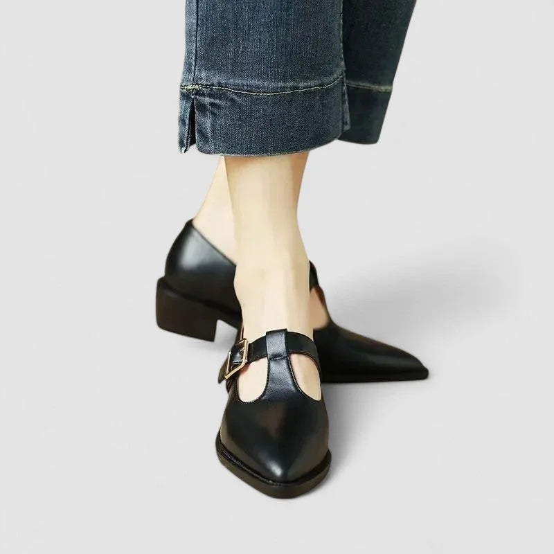 Leather Pointed-Toe T-Strap Shoes with Block Heel