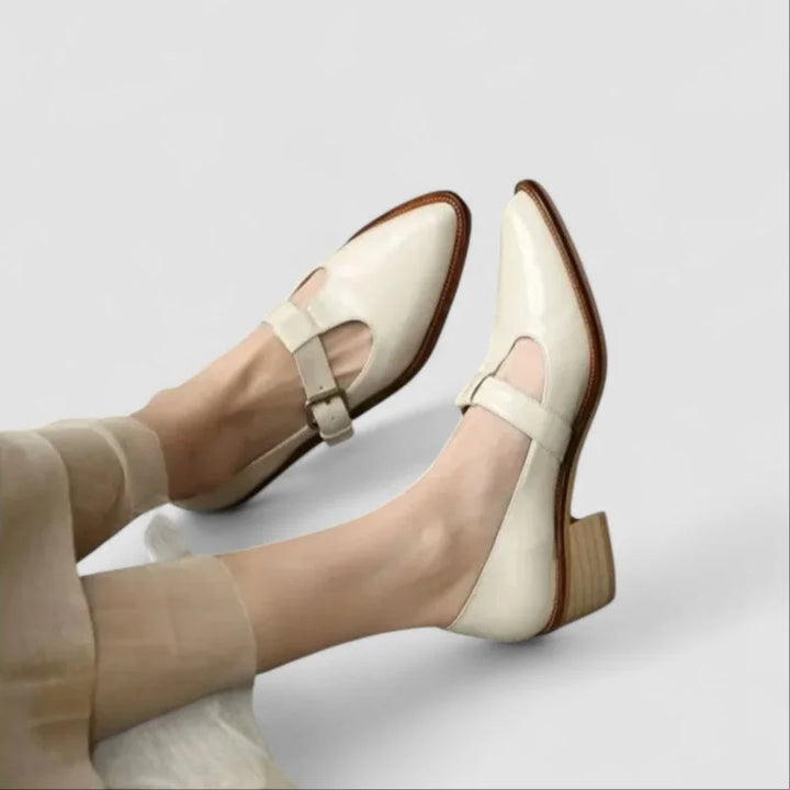 Leather Pointed-Toe T-Strap Shoes with Block Heel