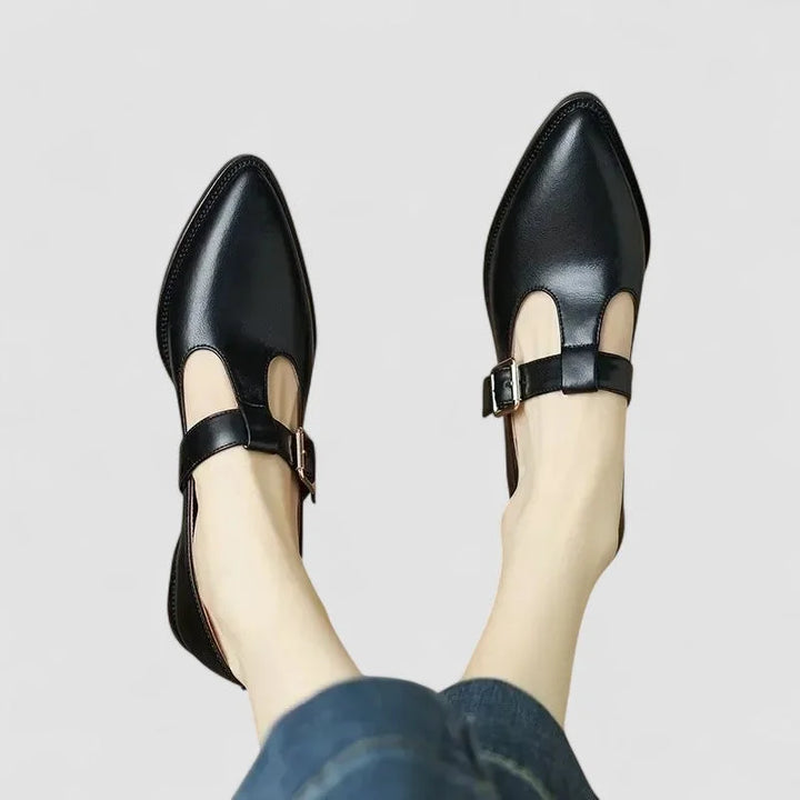 Leather Pointed-Toe T-Strap Shoes with Block Heel
