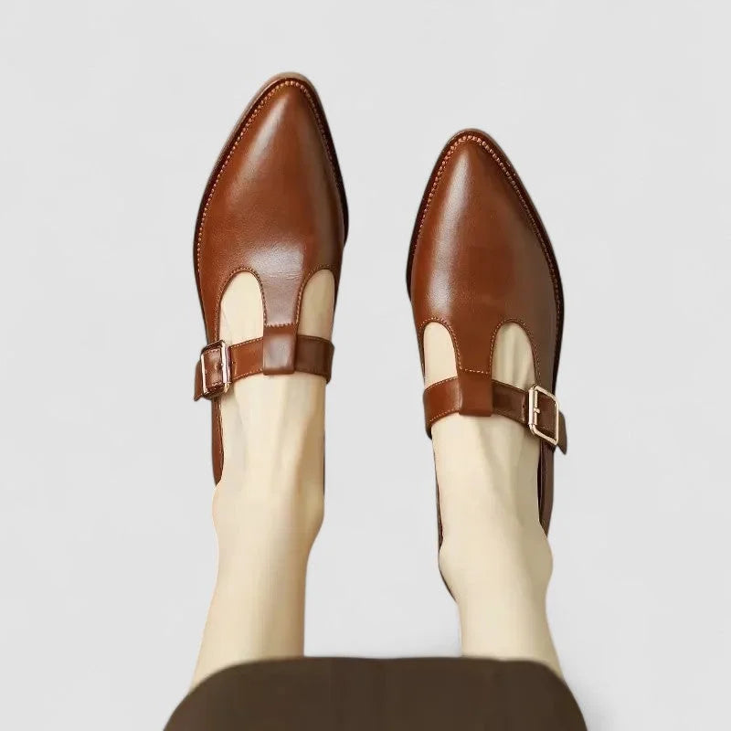 Leather Pointed-Toe T-Strap Shoes with Block Heel