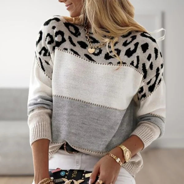 Women's Leopard Print Colour-Block Knit Sweater