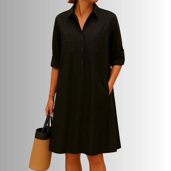 Collared Shirt Mini Dress with 3/4 Sleeve Button Placket