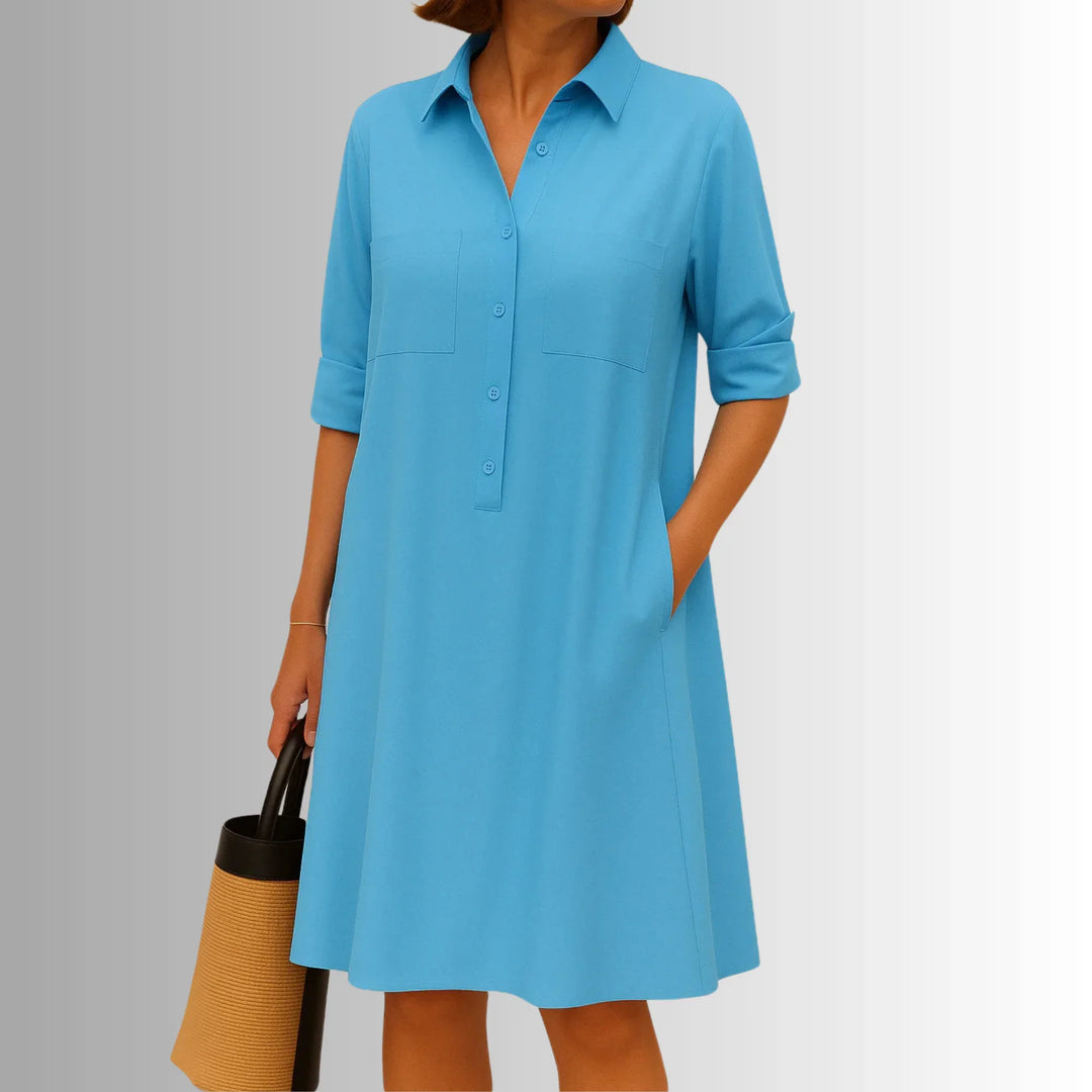 Collared Shirt Mini Dress with 3/4 Sleeve Button Placket
