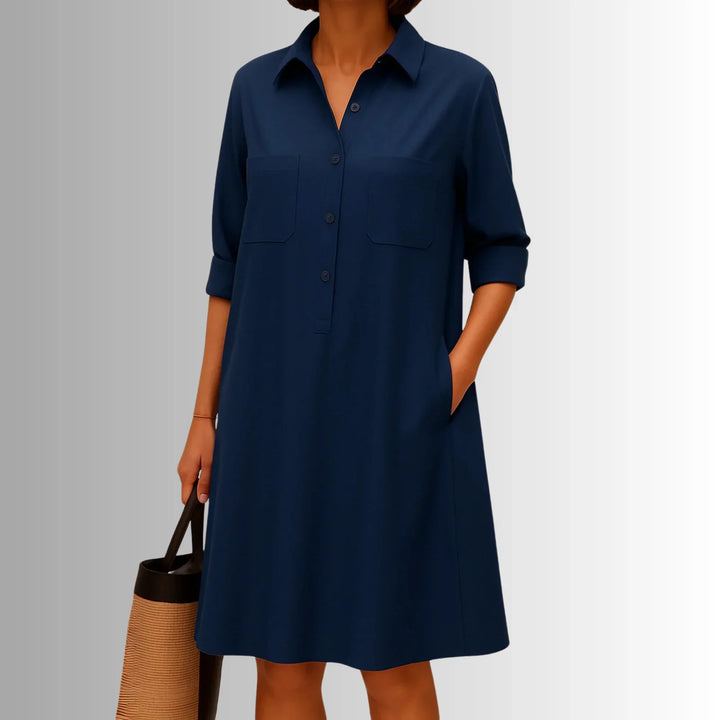 Collared Shirt Mini Dress with 3/4 Sleeve Button Placket