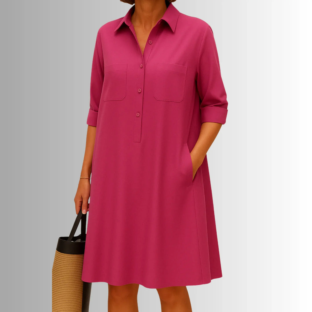 Collared Shirt Mini Dress with 3/4 Sleeve Button Placket
