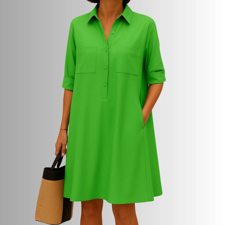Collared Shirt Mini Dress with 3/4 Sleeve Button Placket